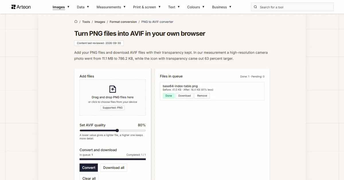 Arteon free tool screenshot: Turn PNG files into AVIF in your own browser