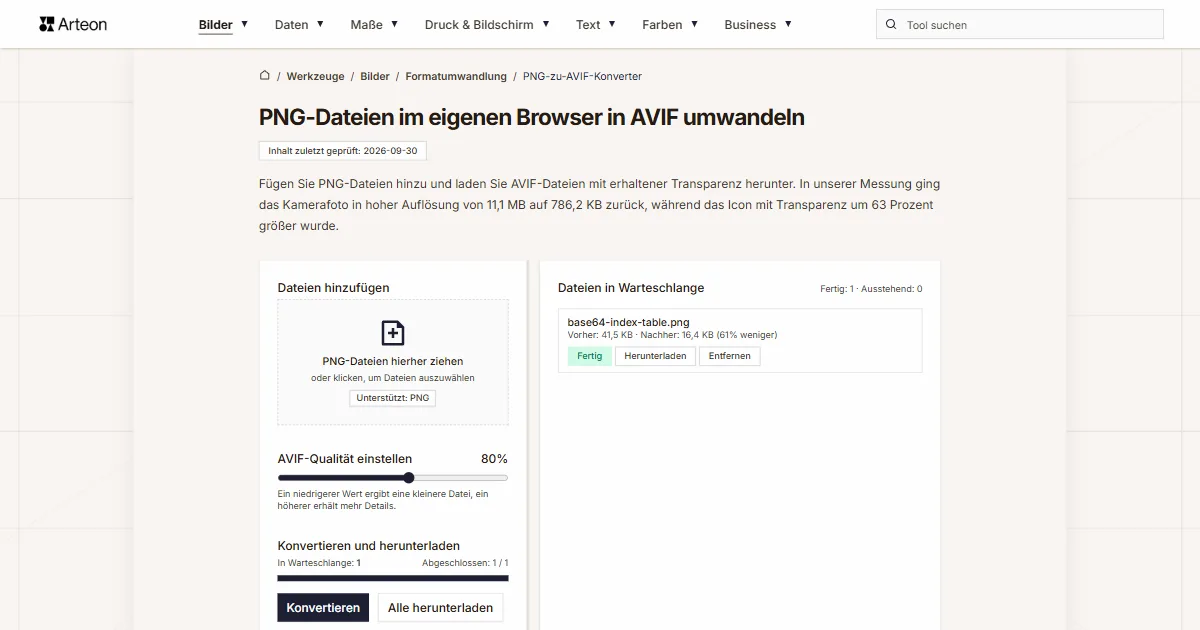 Screenshot des kostenlosen Arteon-Werkzeugs: PNG-Dateien im eigenen Browser in AVIF umwandeln