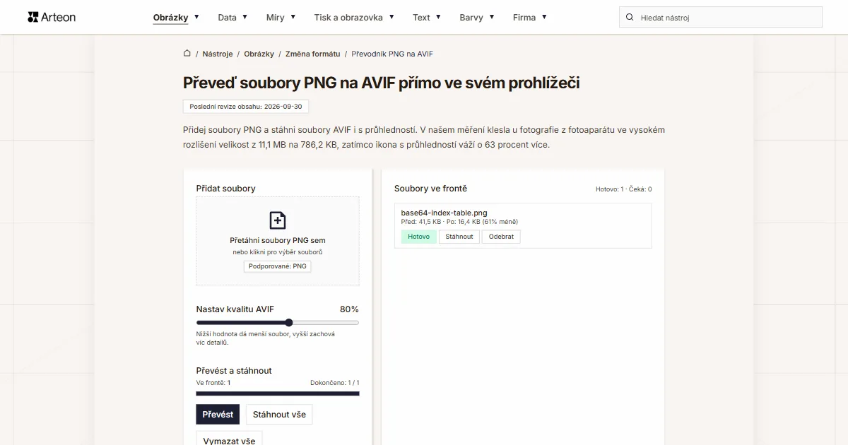 Snímek obrazovky bezplatného nástroje Arteon: Převeď soubory PNG na AVIF přímo ve svém prohlížeči