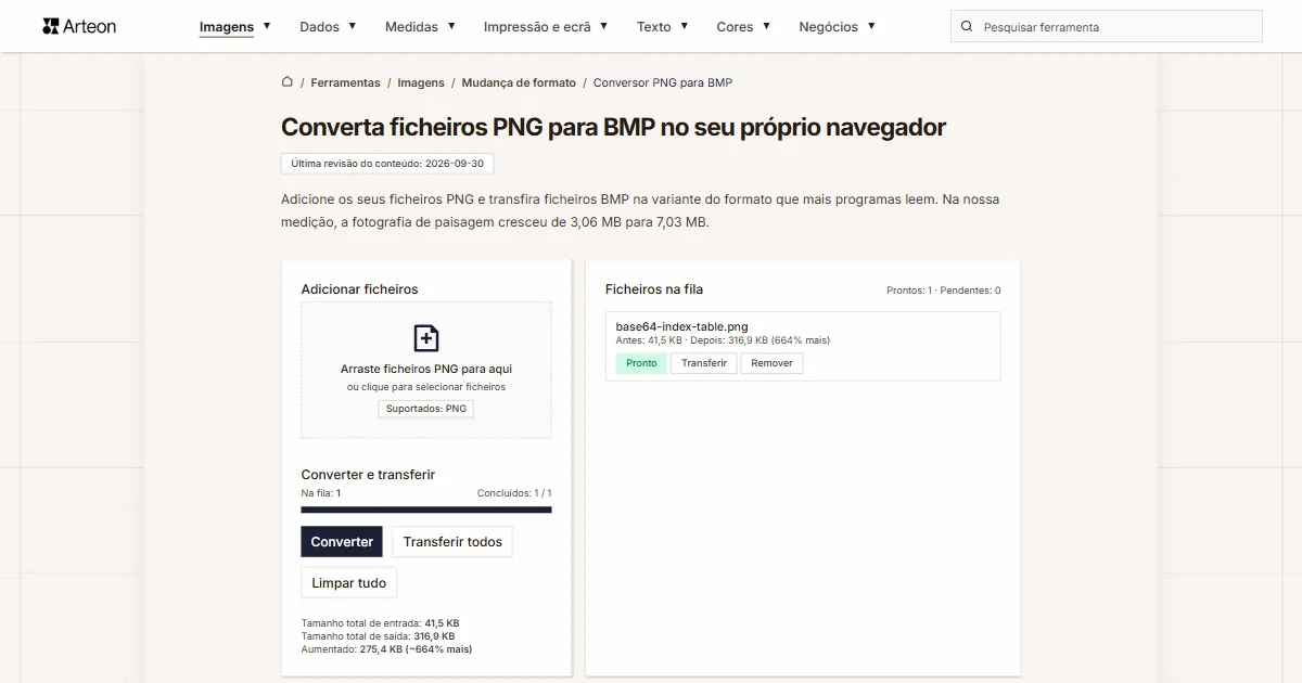 Captura de ecrã da ferramenta gratuita da Arteon: Converta ficheiros PNG para BMP no seu próprio navegador