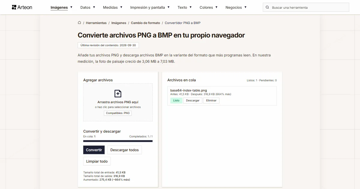Captura de pantalla de la herramienta gratuita de Arteon: Convierte archivos PNG a BMP en tu propio navegador