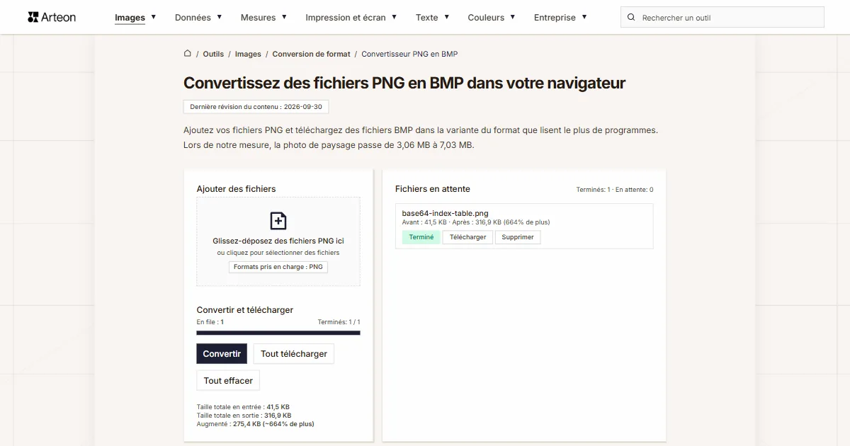 Capture d'écran de l'outil gratuit d'Arteon: Convertissez des fichiers PNG en BMP dans votre navigateur