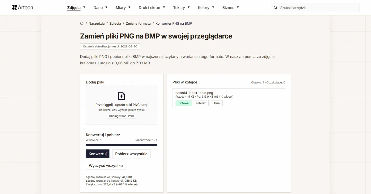 Zrzut ekranu darmowego narzędzia Arteon: Zamień pliki PNG na BMP w swojej przeglądarce
