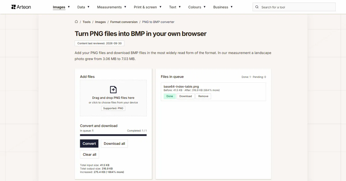 Arteon free tool screenshot: Turn PNG files into BMP in your own browser