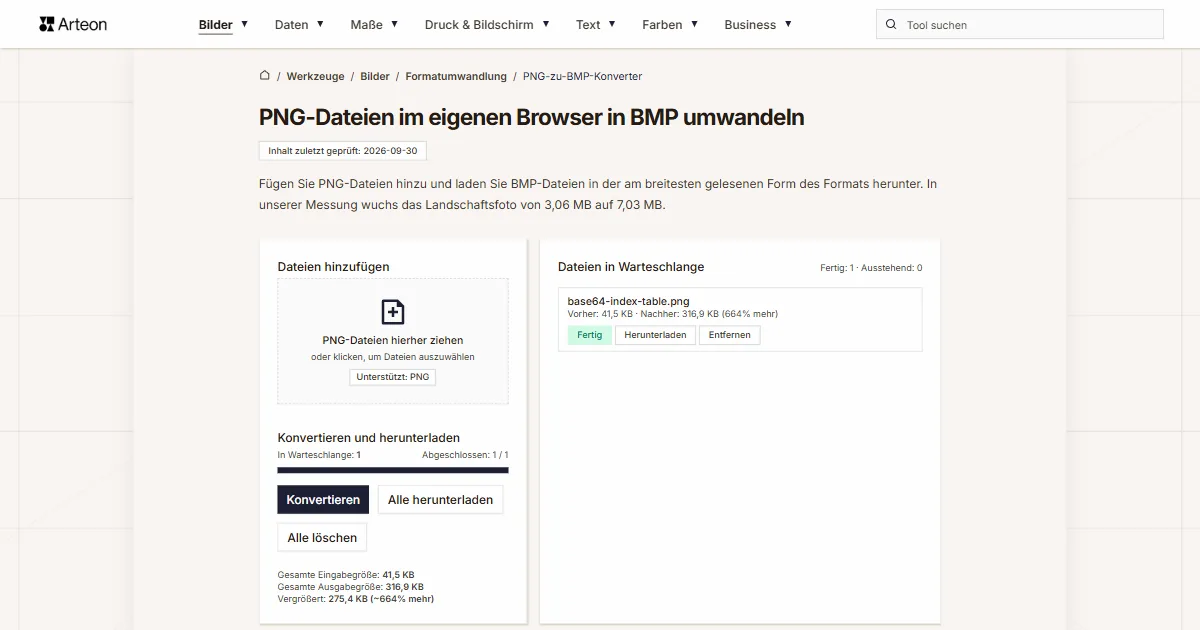 Screenshot des kostenlosen Arteon-Werkzeugs: PNG-Dateien im eigenen Browser in BMP umwandeln