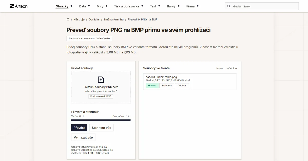 Snímek obrazovky bezplatného nástroje Arteon: Převeď soubory PNG na BMP přímo ve svém prohlížeči