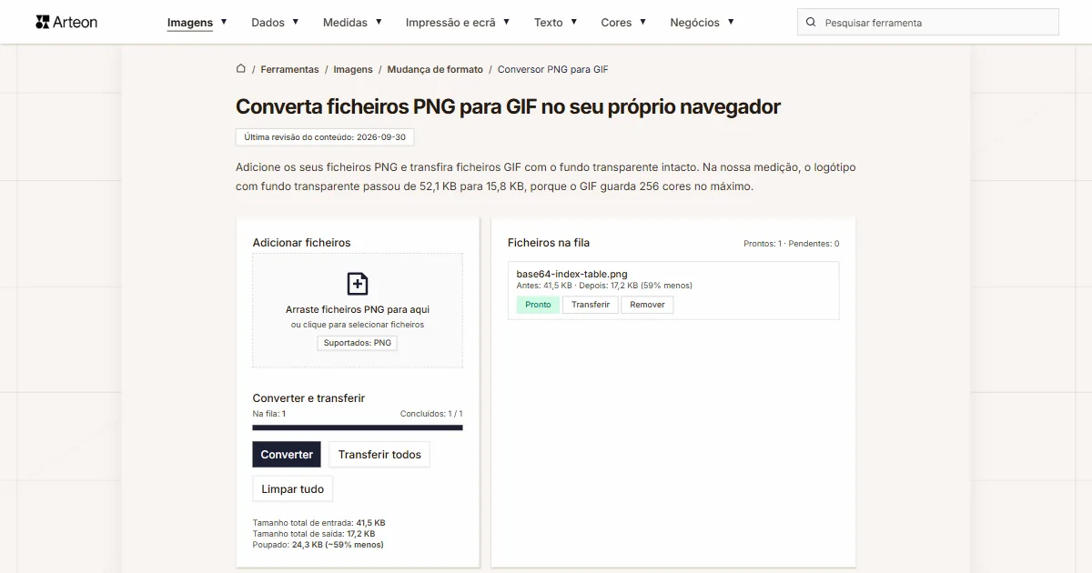 Captura de ecrã da ferramenta gratuita da Arteon: Converta ficheiros PNG para GIF no seu próprio navegador