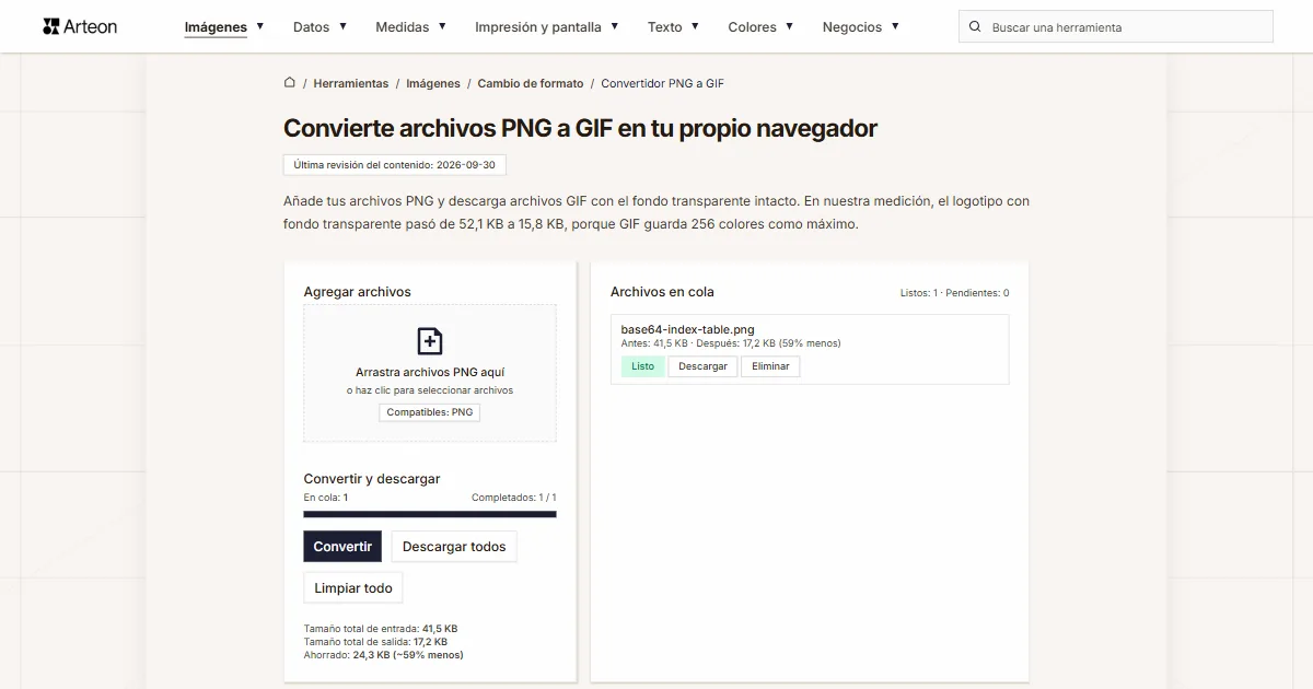 Captura de pantalla de la herramienta gratuita de Arteon: Convierte archivos PNG a GIF en tu propio navegador