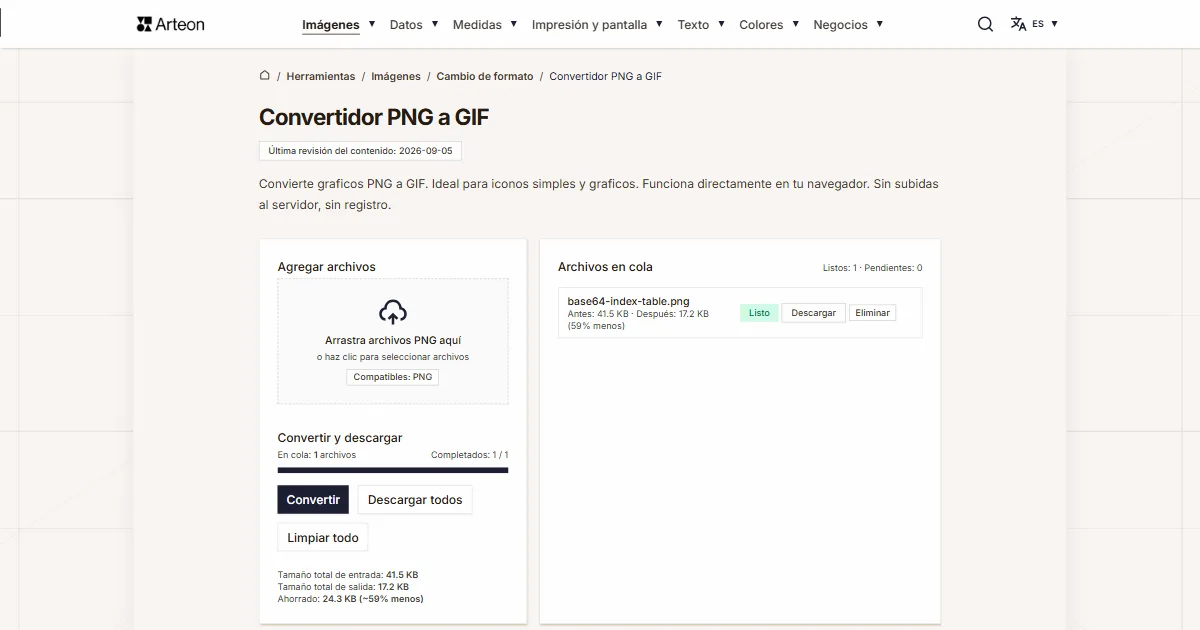 Captura de pantalla de la herramienta gratuita de Arteon: Convertidor PNG a GIF