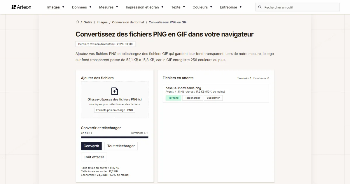 Capture d'écran de l'outil gratuit d'Arteon: Convertissez des fichiers PNG en GIF dans votre navigateur