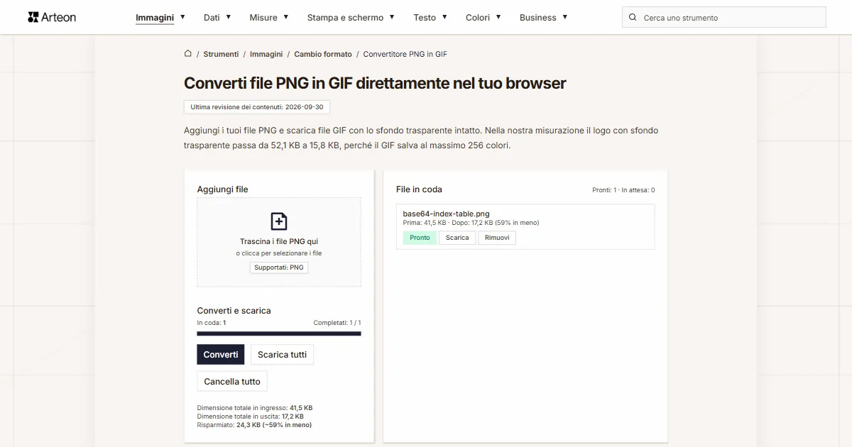 Screenshot dello strumento gratuito Arteon: Converti file PNG in GIF direttamente nel tuo browser