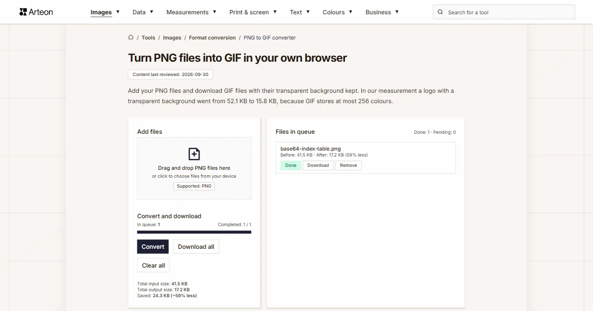 Arteon free tool screenshot: Turn PNG files into GIF in your own browser