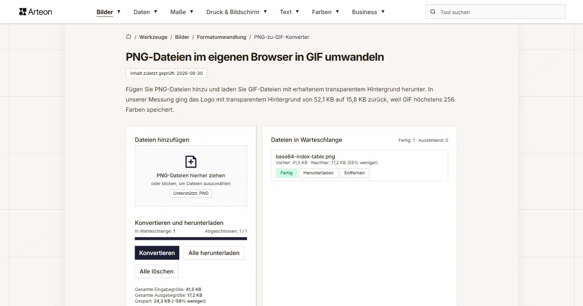 Screenshot des kostenlosen Arteon-Werkzeugs: PNG-Dateien im eigenen Browser in GIF umwandeln
