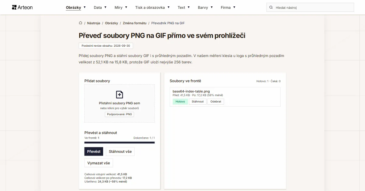 Snímek obrazovky bezplatného nástroje Arteon: Převeď soubory PNG na GIF přímo ve svém prohlížeči