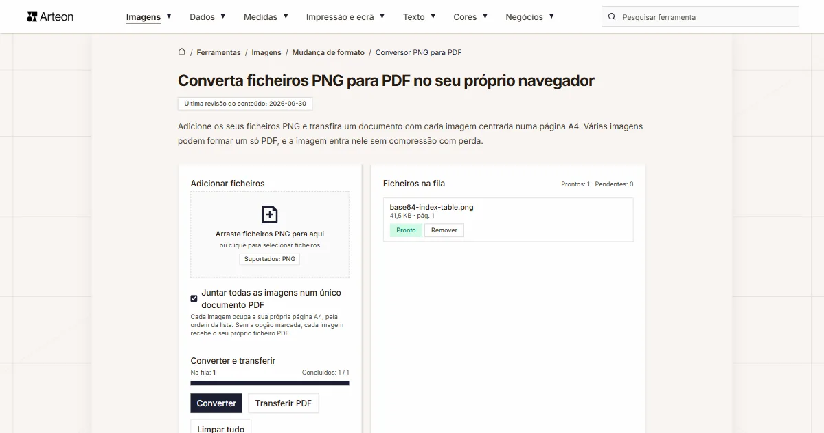 Captura de ecrã da ferramenta gratuita da Arteon: Converta ficheiros PNG para PDF no seu próprio navegador