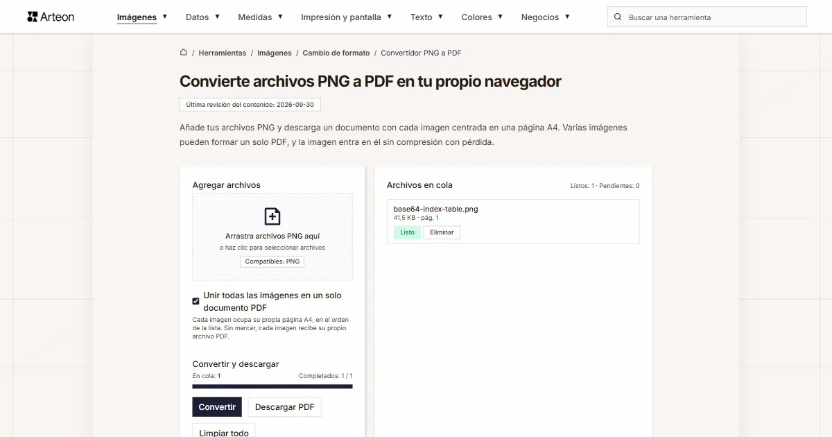Captura de pantalla de la herramienta gratuita de Arteon: Convierte archivos PNG a PDF en tu propio navegador
