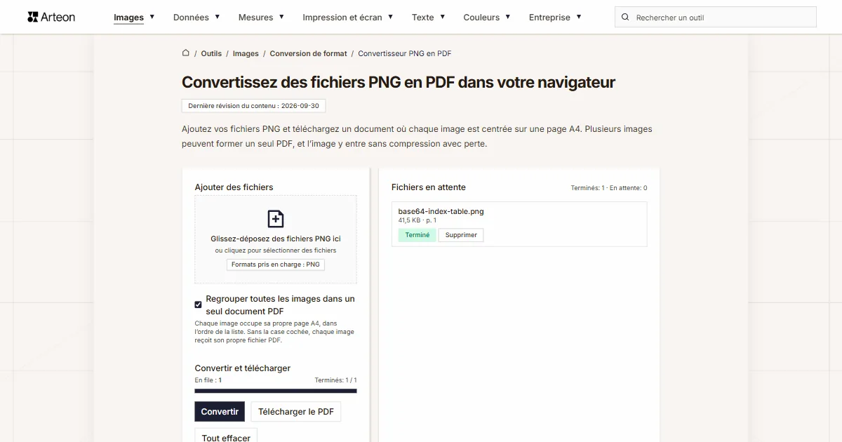 Capture d'écran de l'outil gratuit d'Arteon: Convertissez des fichiers PNG en PDF dans votre navigateur