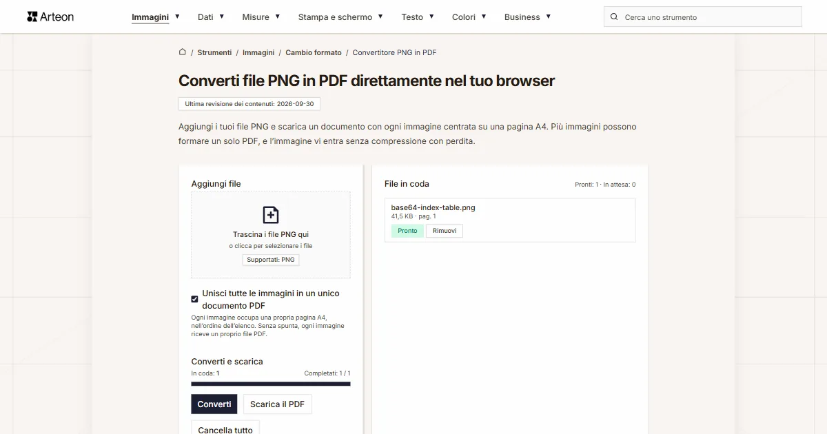 Screenshot dello strumento gratuito Arteon: Converti file PNG in PDF direttamente nel tuo browser