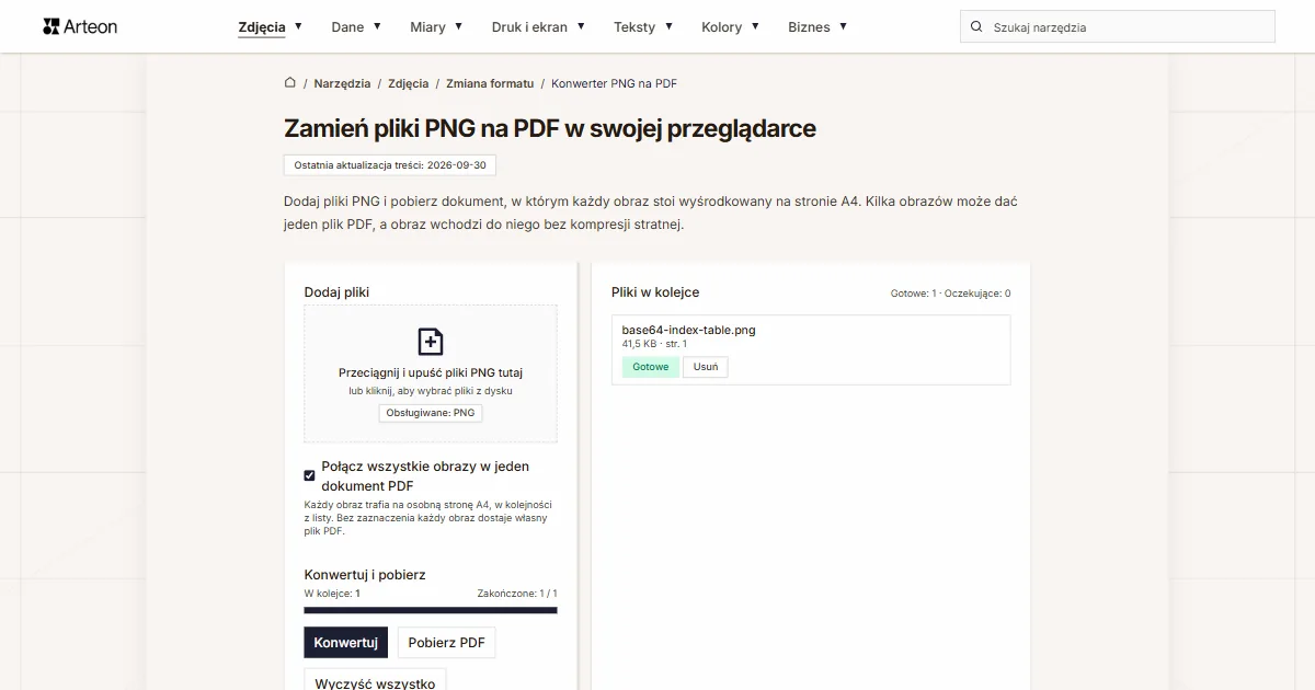 Zrzut ekranu darmowego narzędzia Arteon: Zamień pliki PNG na PDF w swojej przeglądarce