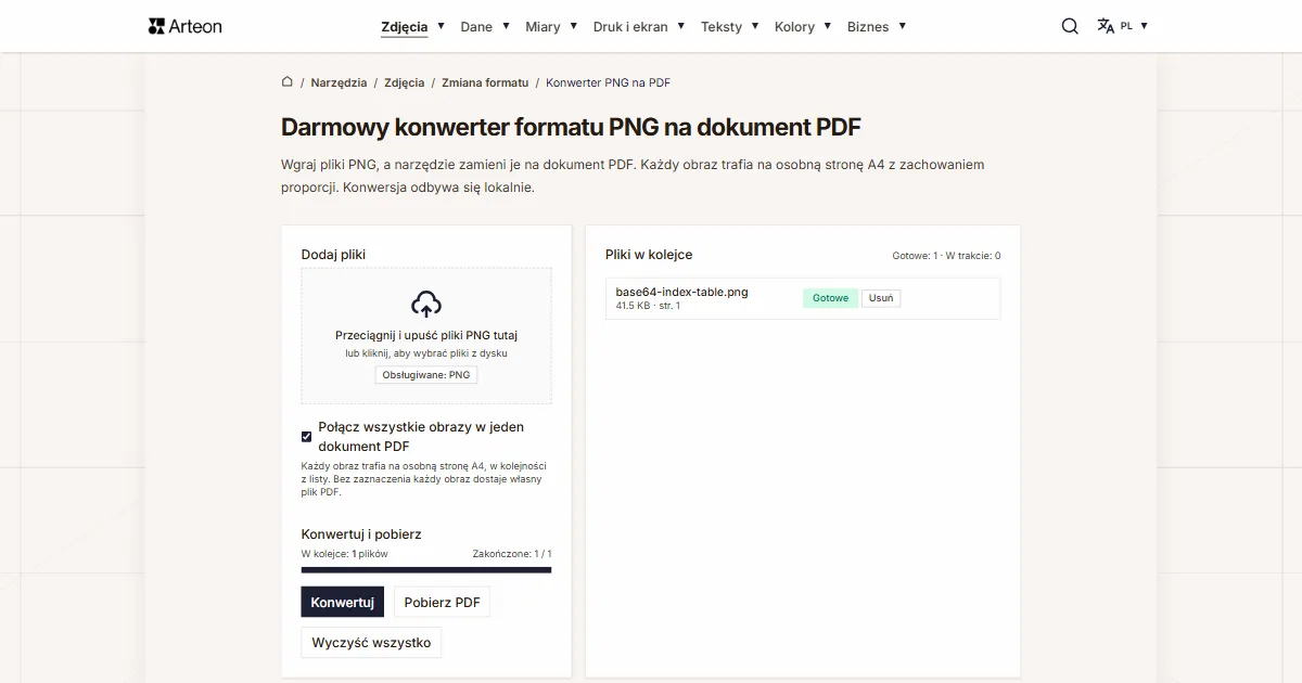 Zrzut ekranu darmowego narzędzia Arteon: Darmowy konwerter formatu PNG na dokument PDF