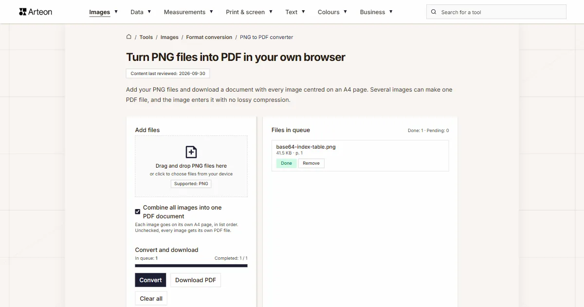 Arteon free tool screenshot: Turn PNG files into PDF in your own browser