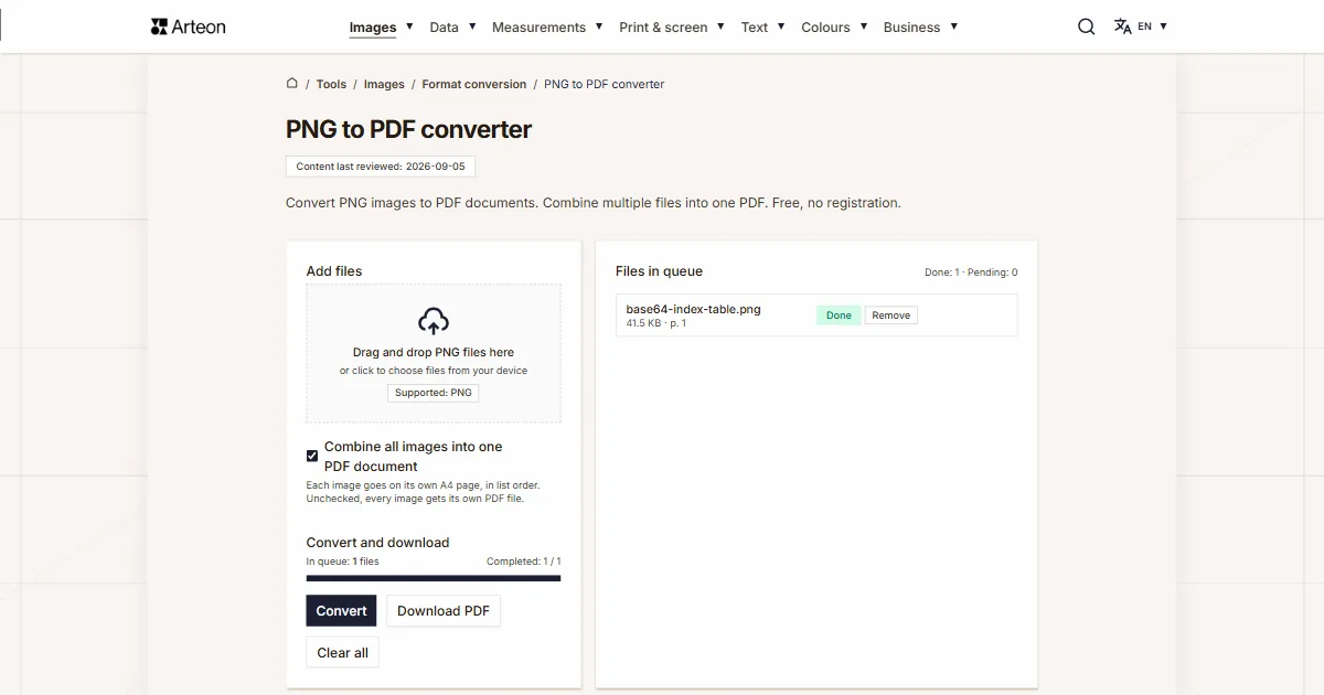 Arteon free tool screenshot: PNG to PDF converter