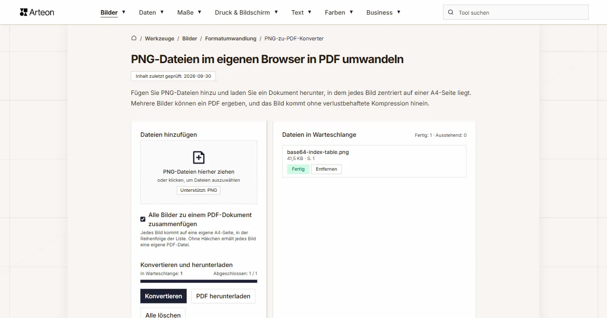 Screenshot des kostenlosen Arteon-Werkzeugs: PNG-Dateien im eigenen Browser in PDF umwandeln