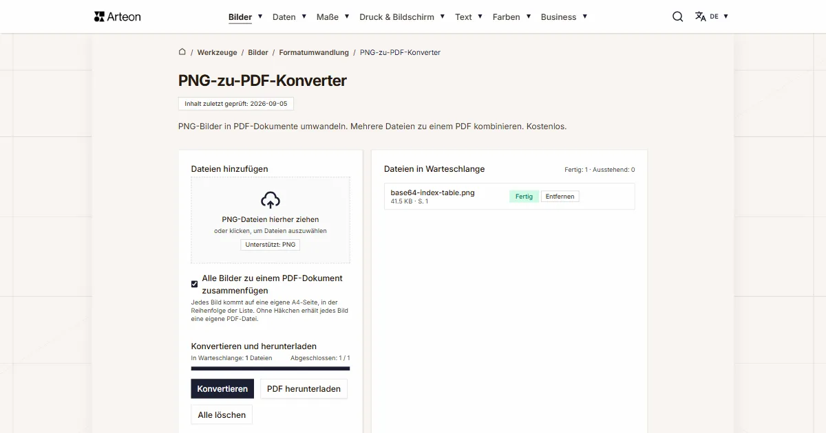 Screenshot des kostenlosen Arteon-Werkzeugs: PNG-zu-PDF-Konverter
