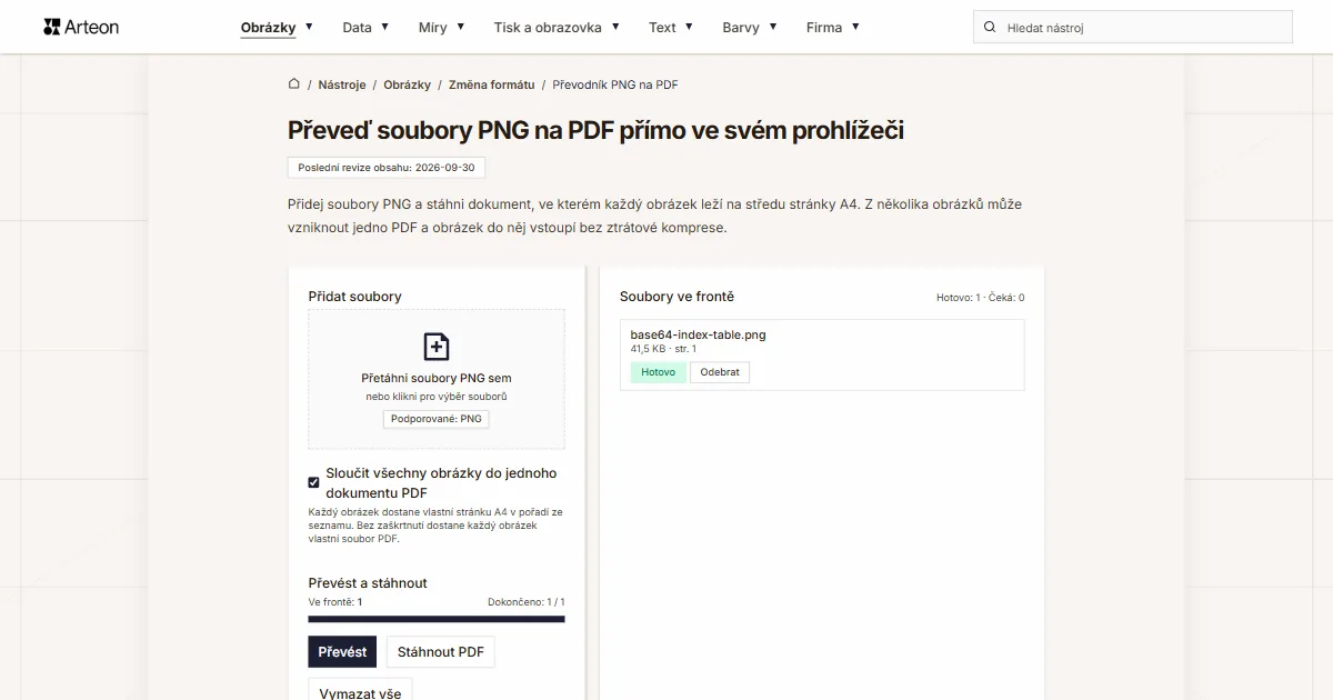 Snímek obrazovky bezplatného nástroje Arteon: Převeď soubory PNG na PDF přímo ve svém prohlížeči