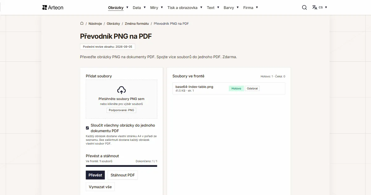 Snímek obrazovky bezplatného nástroje Arteon: Převodník PNG na PDF