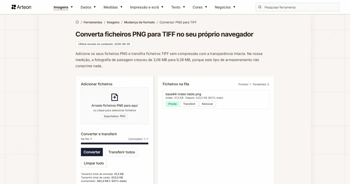 Captura de ecrã da ferramenta gratuita da Arteon: Converta ficheiros PNG para TIFF no seu próprio navegador