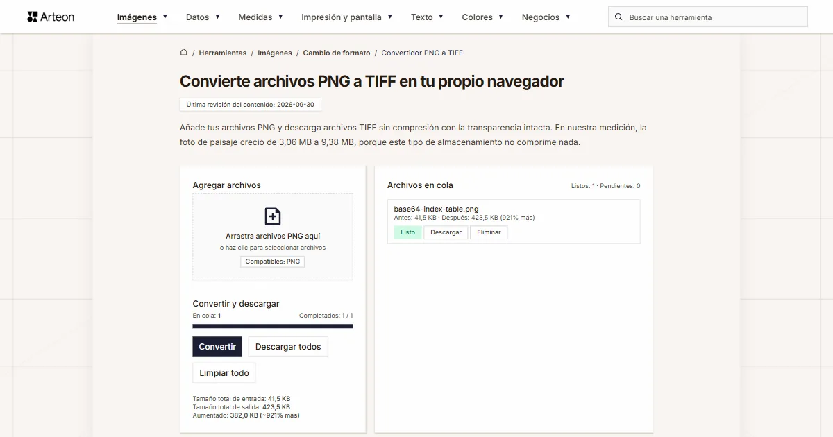 Captura de pantalla de la herramienta gratuita de Arteon: Convierte archivos PNG a TIFF en tu propio navegador
