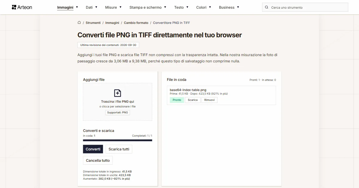 Screenshot dello strumento gratuito Arteon: Converti file PNG in TIFF direttamente nel tuo browser
