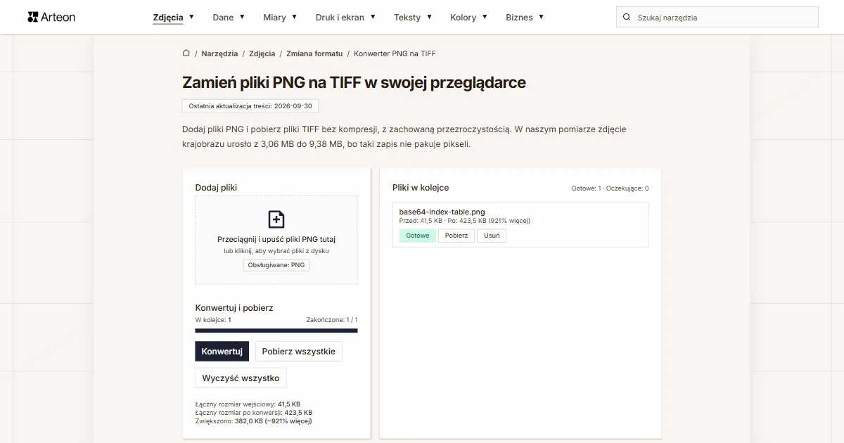 Zrzut ekranu darmowego narzędzia Arteon: Zamień pliki PNG na TIFF w swojej przeglądarce