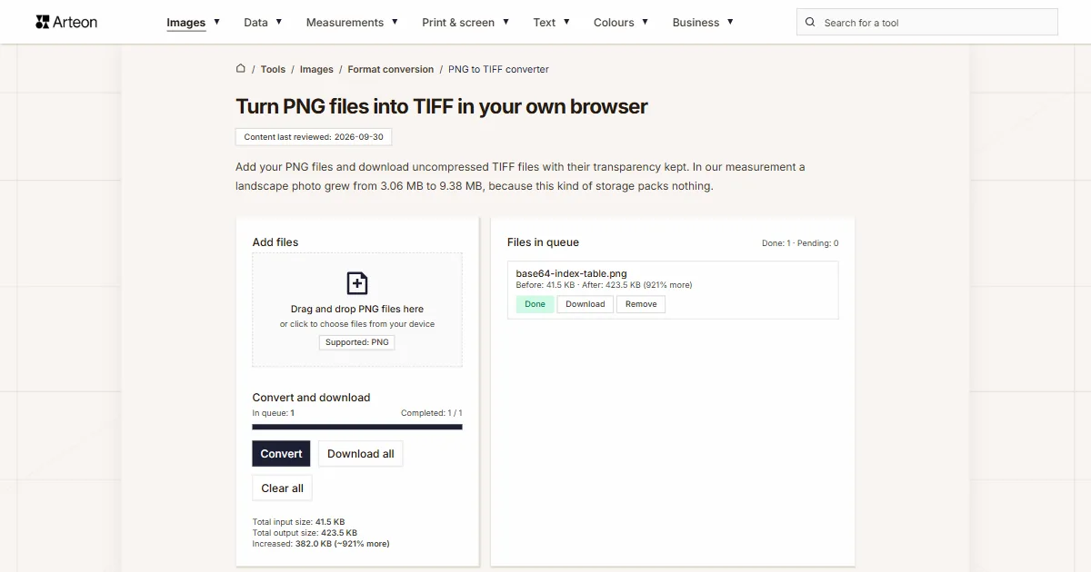 Arteon free tool screenshot: Turn PNG files into TIFF in your own browser