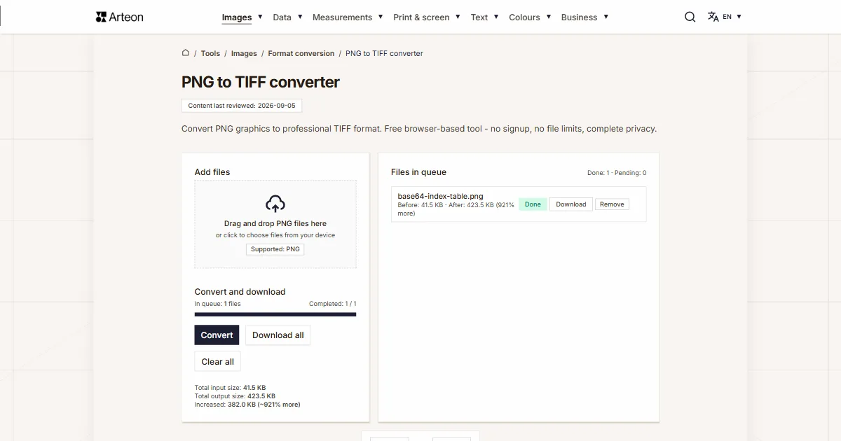 Arteon free tool screenshot: PNG to TIFF converter