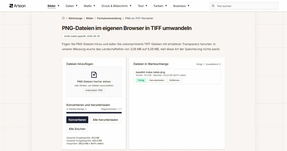 Screenshot des kostenlosen Arteon-Werkzeugs: PNG-Dateien im eigenen Browser in TIFF umwandeln