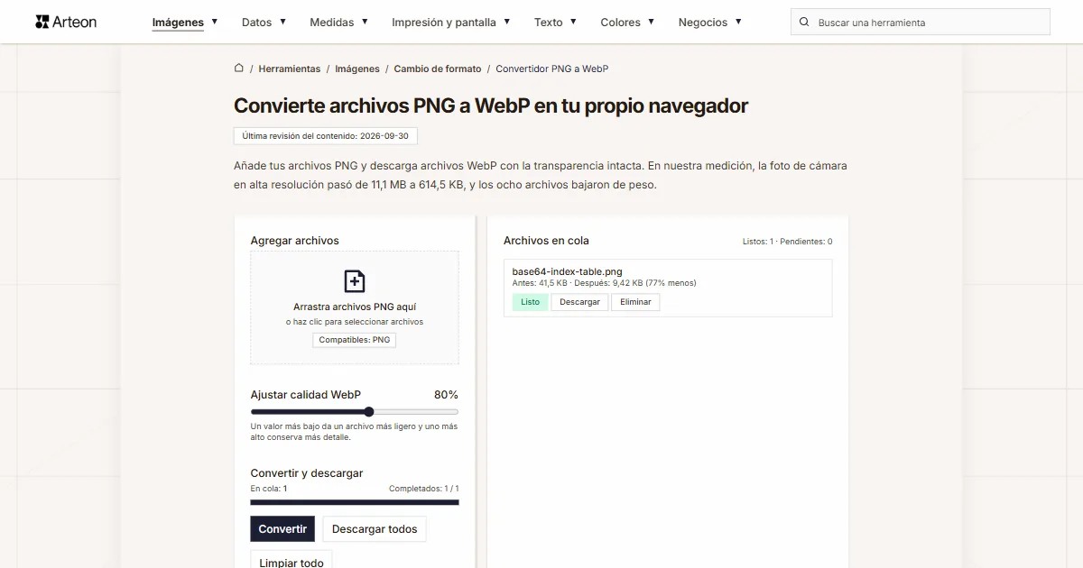 Captura de pantalla de la herramienta gratuita de Arteon: Convierte archivos PNG a WebP en tu propio navegador