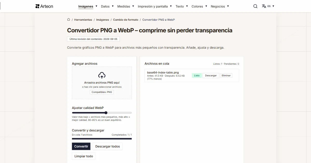 Captura de pantalla de la herramienta gratuita de Arteon: Convertidor PNG a WebP – comprime sin perder transparencia