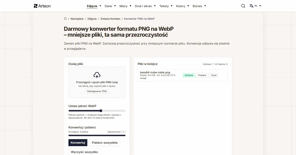 Zrzut ekranu darmowego narzędzia Arteon: Darmowy konwerter formatu PNG na WebP – mniejsze pliki, ta sama przezroczystość