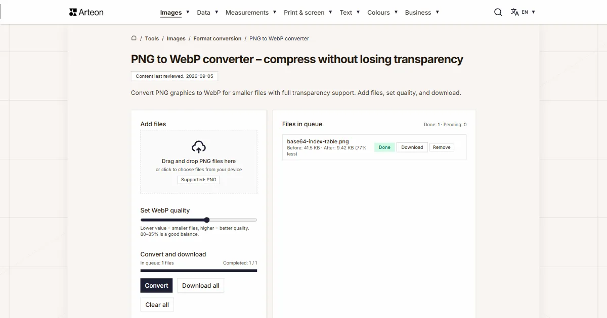 Arteon free tool screenshot: PNG to WebP converter – compress without losing transparency