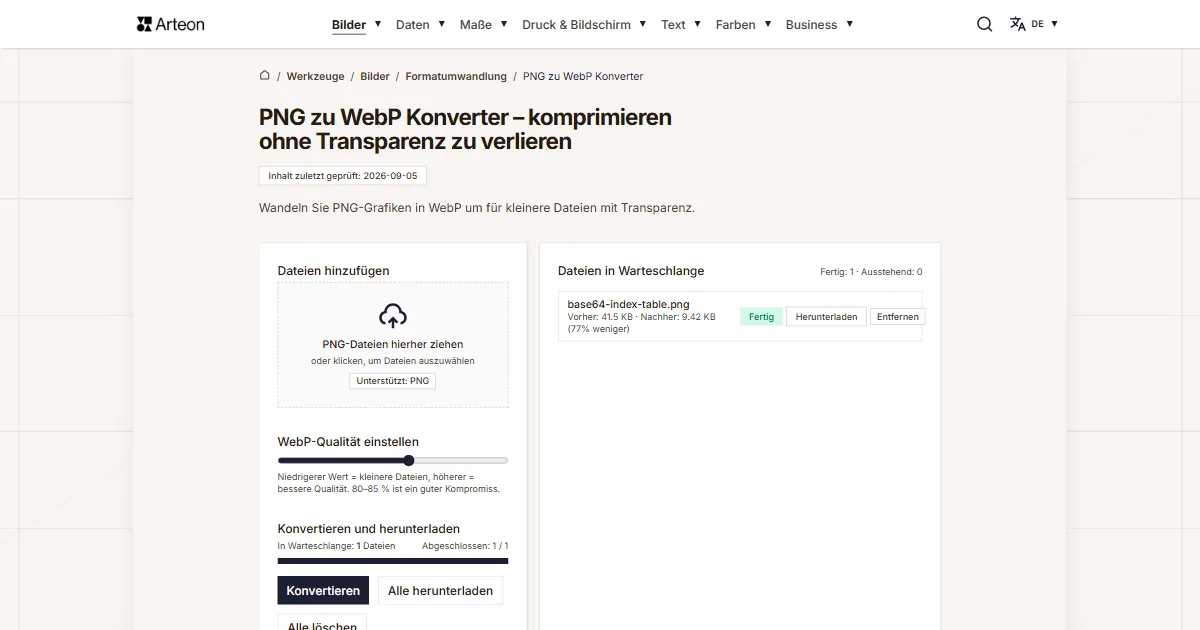 Screenshot des kostenlosen Arteon-Werkzeugs: PNG zu WebP Konverter – komprimieren ohne Transparenz zu verlieren