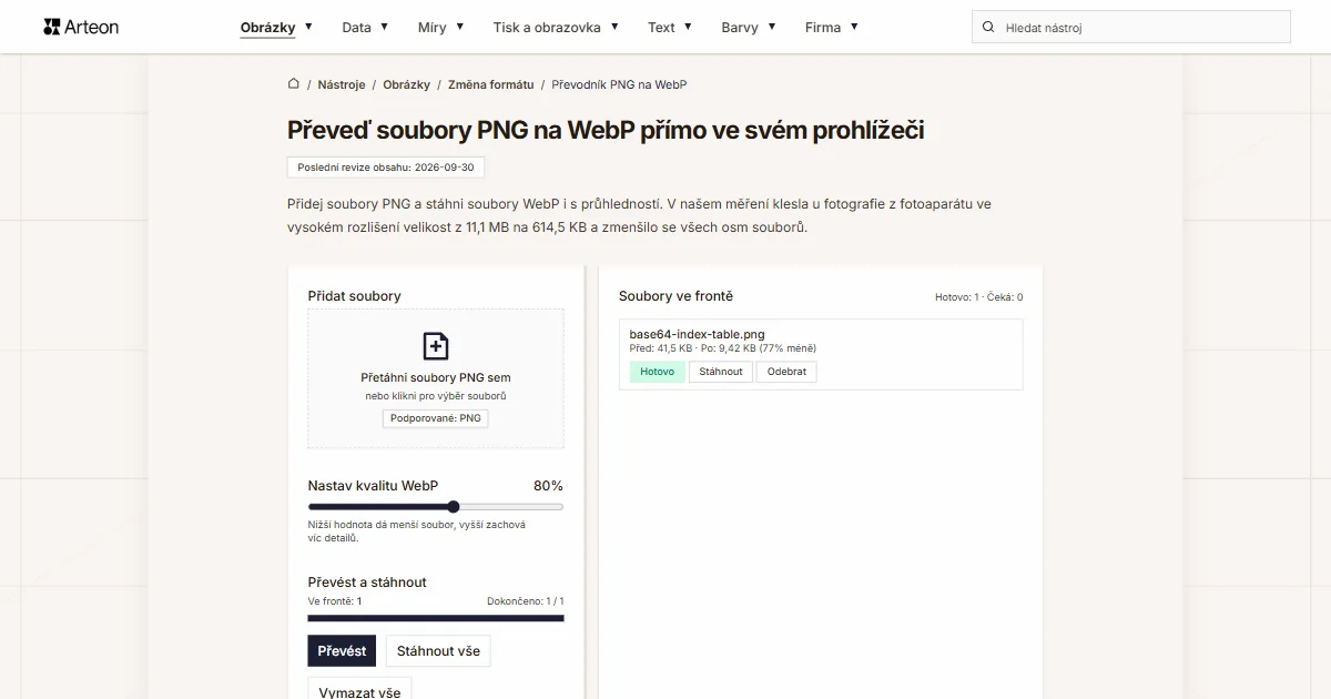 Snímek obrazovky bezplatného nástroje Arteon: Převeď soubory PNG na WebP přímo ve svém prohlížeči