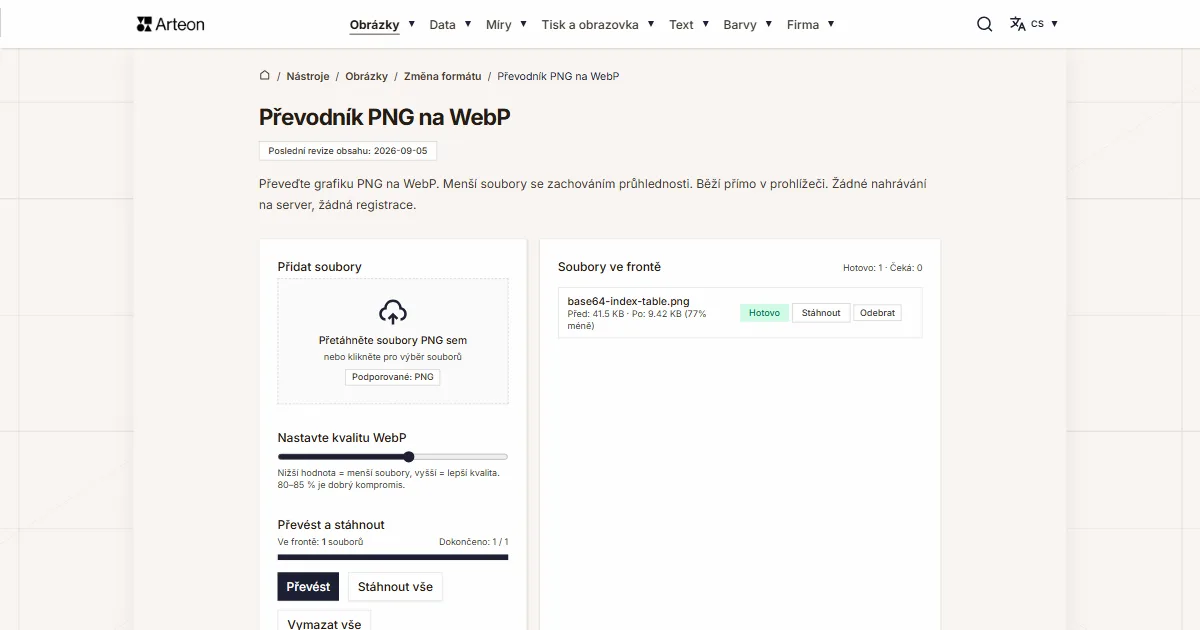 Snímek obrazovky bezplatného nástroje Arteon: Převodník PNG na WebP
