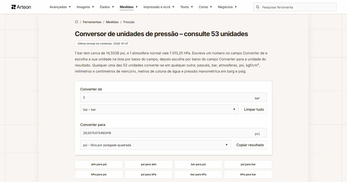 Captura de ecrã da ferramenta gratuita da Arteon: Conversor de unidades de pressão – consulte 53 unidades