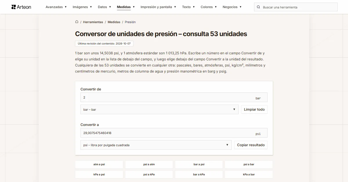 Captura de pantalla de la herramienta gratuita de Arteon: Conversor de unidades de presión – consulta 53 unidades