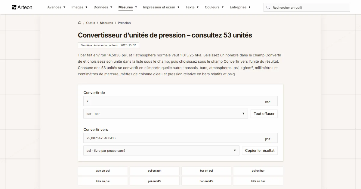 Capture d'écran de l'outil gratuit d'Arteon: Convertisseur d’unités de pression – consultez 53 unités
