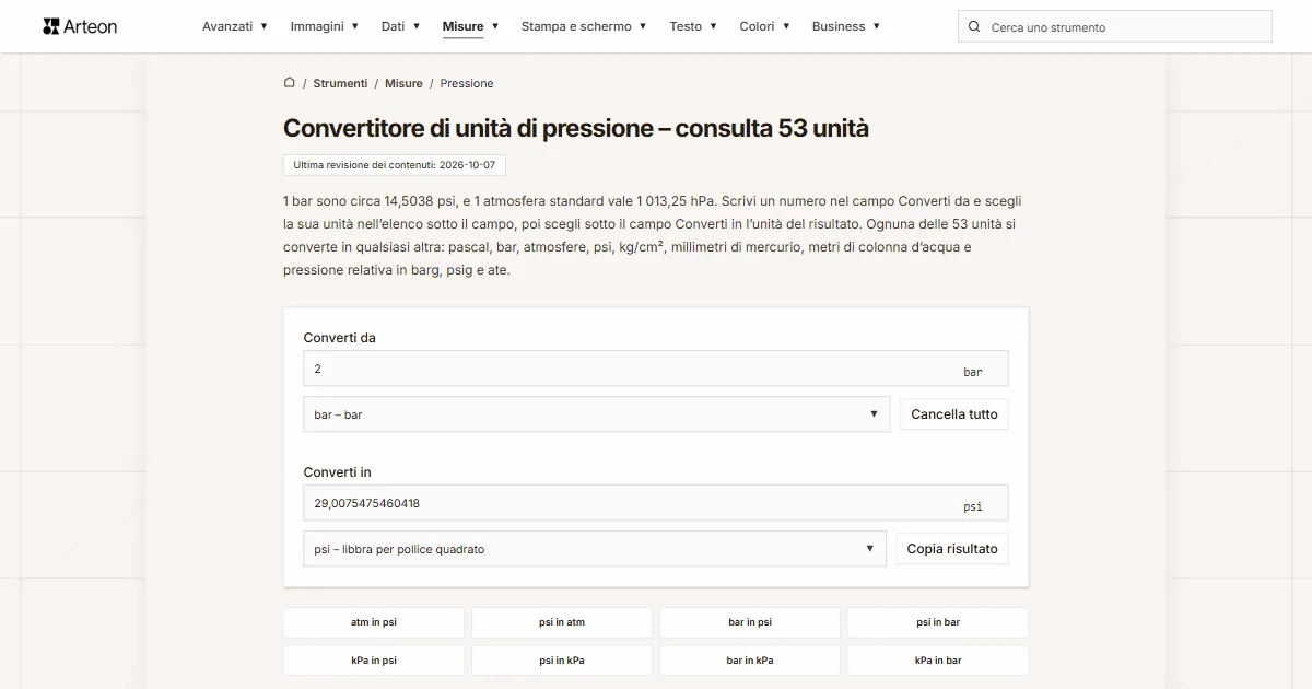Screenshot dello strumento gratuito Arteon: Convertitore di unità di pressione – consulta 53 unità