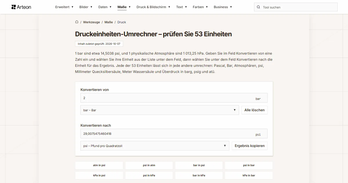 Screenshot des kostenlosen Arteon-Werkzeugs: Druckeinheiten-Umrechner – prüfen Sie 53 Einheiten
