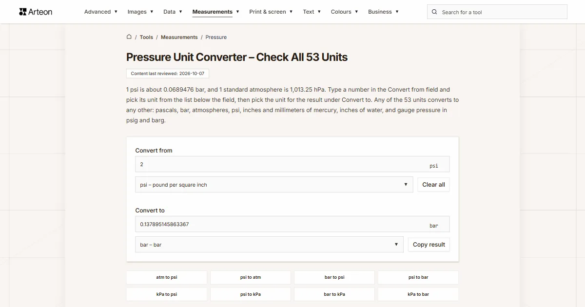 Arteon free tool screenshot: Pressure Unit Converter – Check All 53 Units